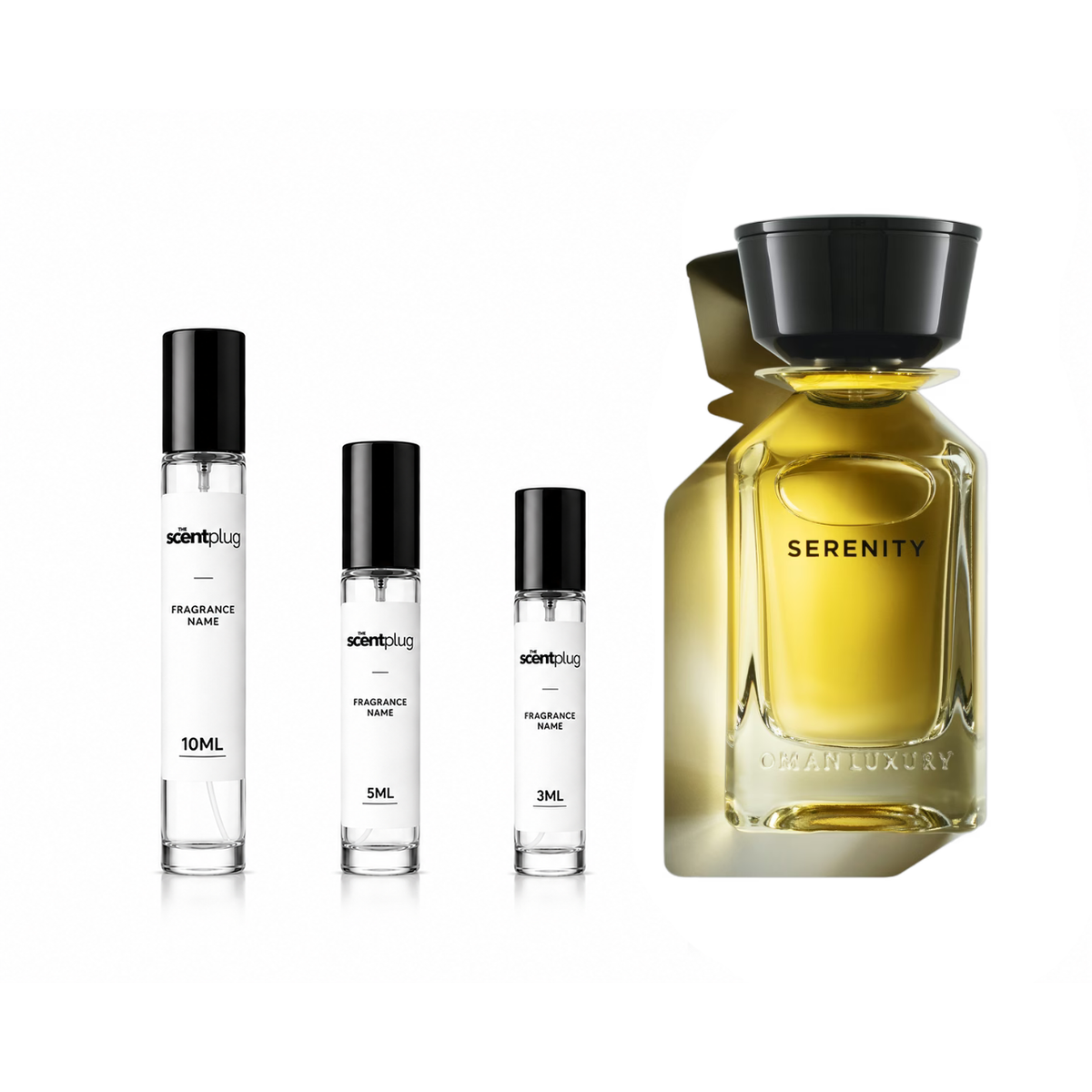 Serenity Omanluxury decant sample by The Scent Plug, featuring a clear glass bottle with a sleek design and minimalist label.