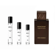 Decant of Swiss Arabian Shaghaf Amber Infusion fragrance by The Scent Plug, featuring a sleek sample bottle with amber-colored liquid.