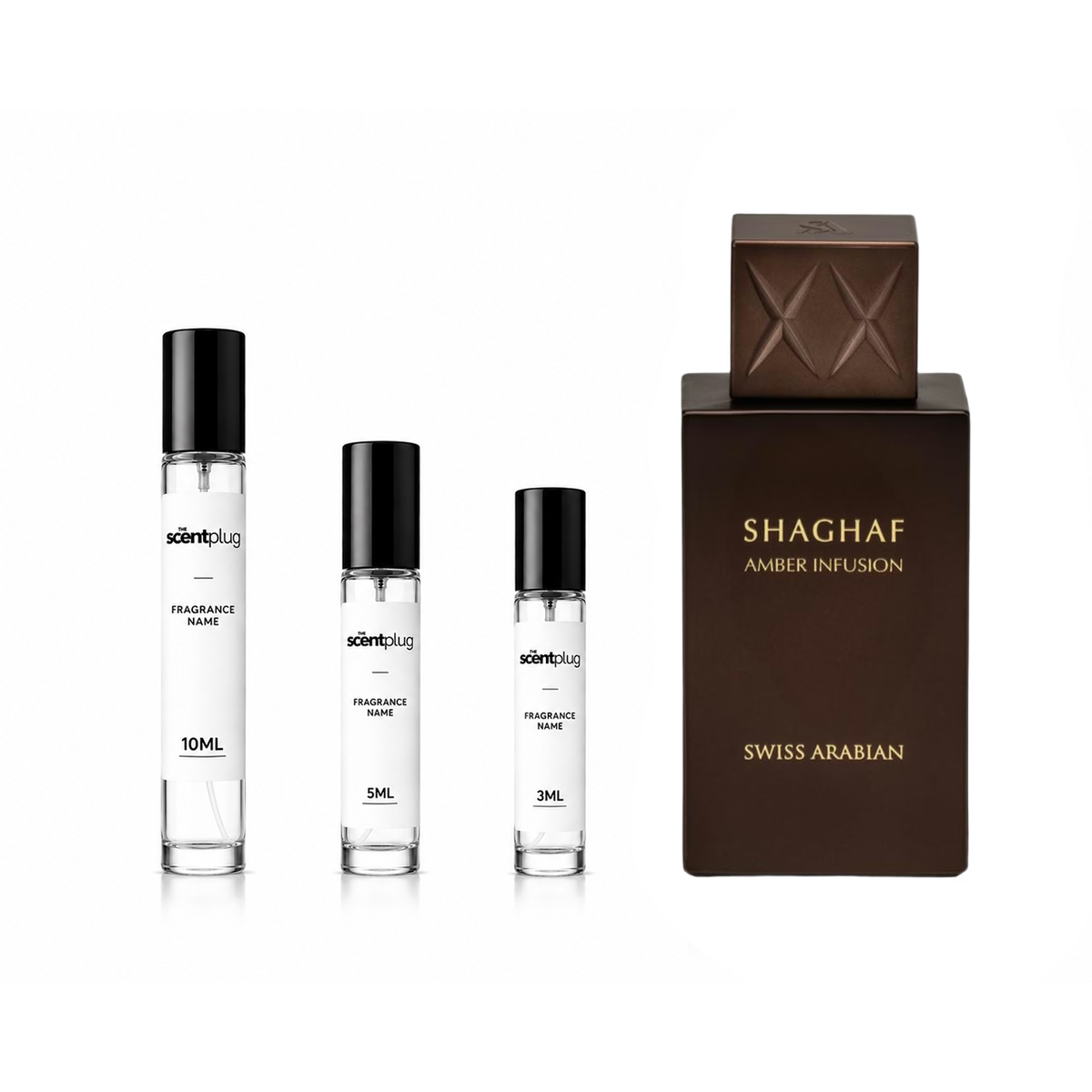 Decant of Swiss Arabian Shaghaf Amber Infusion fragrance by The Scent Plug, featuring a sleek sample bottle with amber-colored liquid.