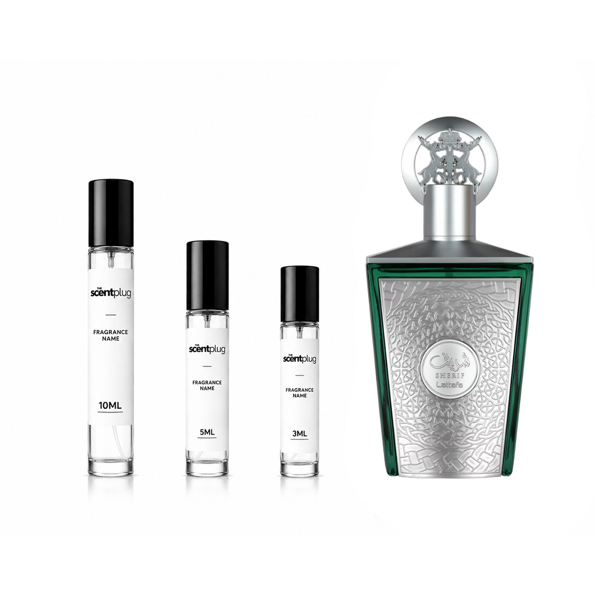 Sherif Lattafa Perfumes decant sample from The Scent Plug, showcasing the small fragrance vial with label and cap.