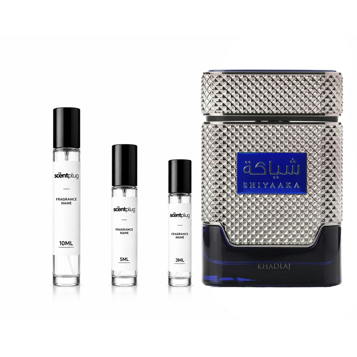 Shiyaaka Blue Khadlaj perfume decant by The Scent Plug, small sample bottle of blue-colored fragrance for women or men.