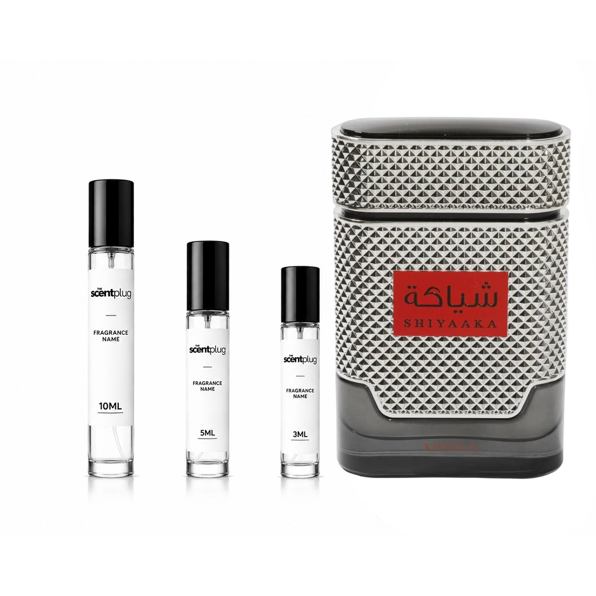 Sample of Shiyaaka for Men Khadlaj perfume decant by The Scent Plug, showcasing the small perfume bottle with branding.