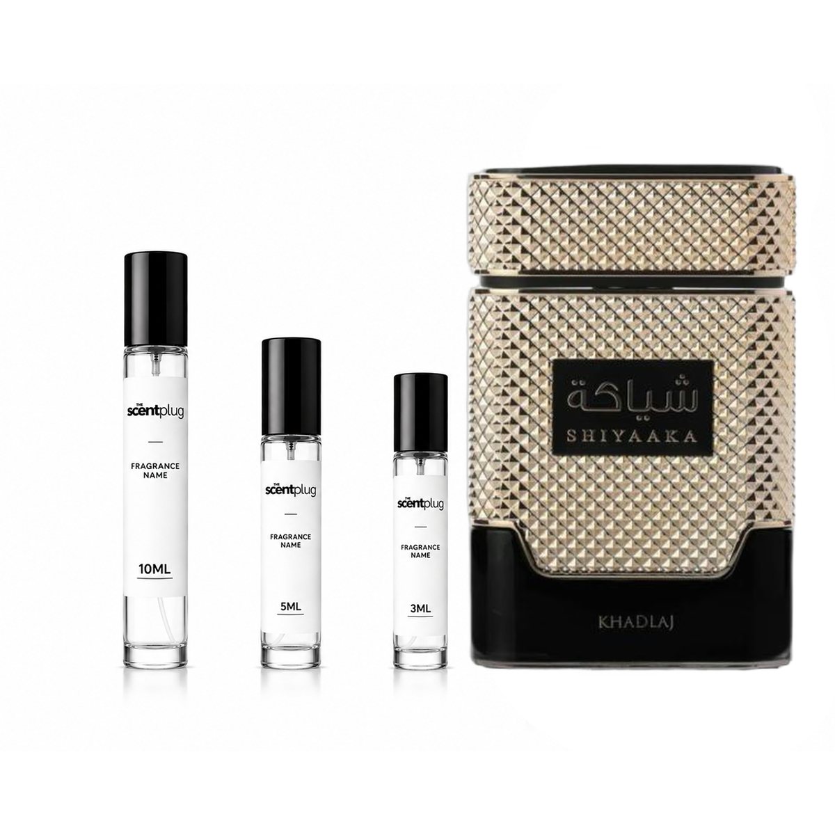 Shiyaaka Gold Khadlaj perfume decant sample by The Scent Plug, featuring a small glass vial with golden accents and a fragrance label.