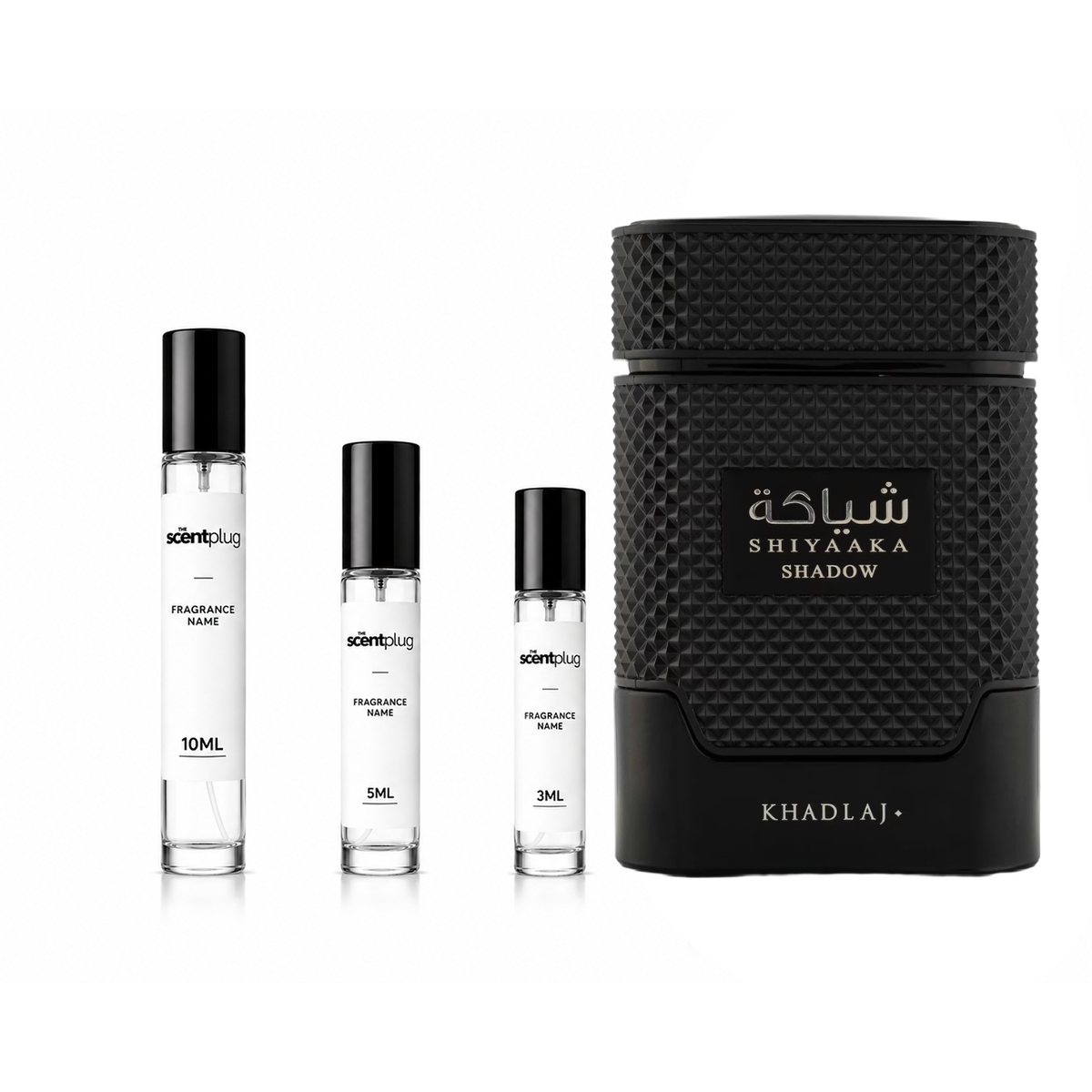 Shiyaaka Shadow Khadlaj perfume decant sample from The Scent Plug, showcasing the elegant perfume bottle and branding.