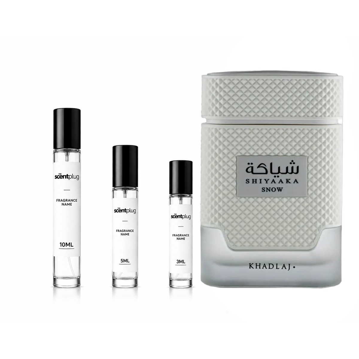Sample of Shiyaaka Snow Khadlaj perfume decant by The Scent Plug, showcasing the small perfume bottle with elegant design.