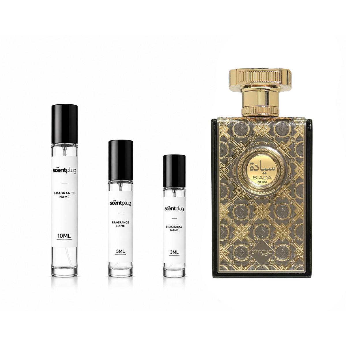 Sample of Siada Nova Zimaya decant by The Scent Plug, showcasing the fragrance bottle and label with elegant design.