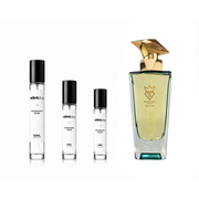 Silent Halo Bujairami decant sample by The Scent Plug, featuring a sleek glass bottle with a minimalist design.