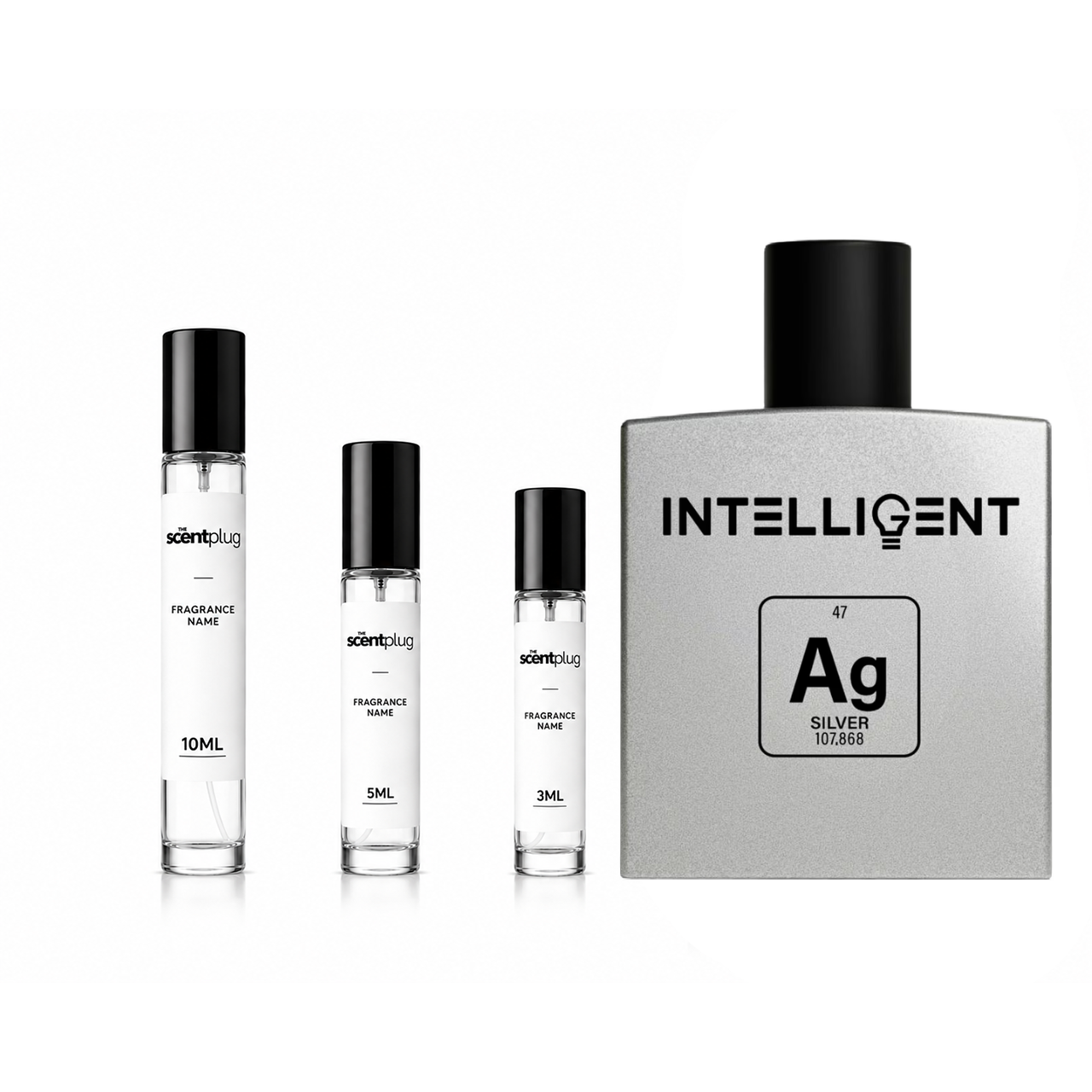 Silver The Scent Plug Intelligent Decant sample bottle, compact and sleek for easy fragrance portability.