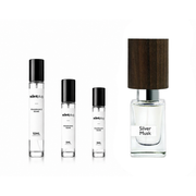 Silver Musk Nasomatto decant sample from The Scent Plug, featuring a sleek silver bottle with elegant branding.