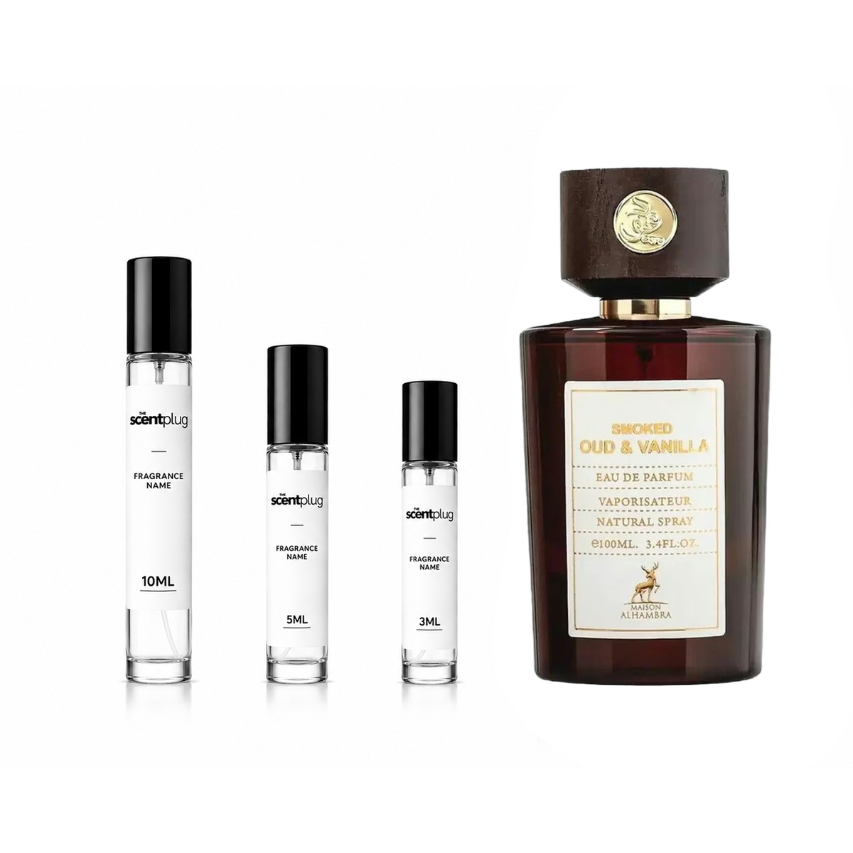 Sample of Smoked Oud and Vanilla fragrance by Maison Alhambra, decant from The Scent Plug, showcasing a warm, smoky, vanilla-scented perfume.