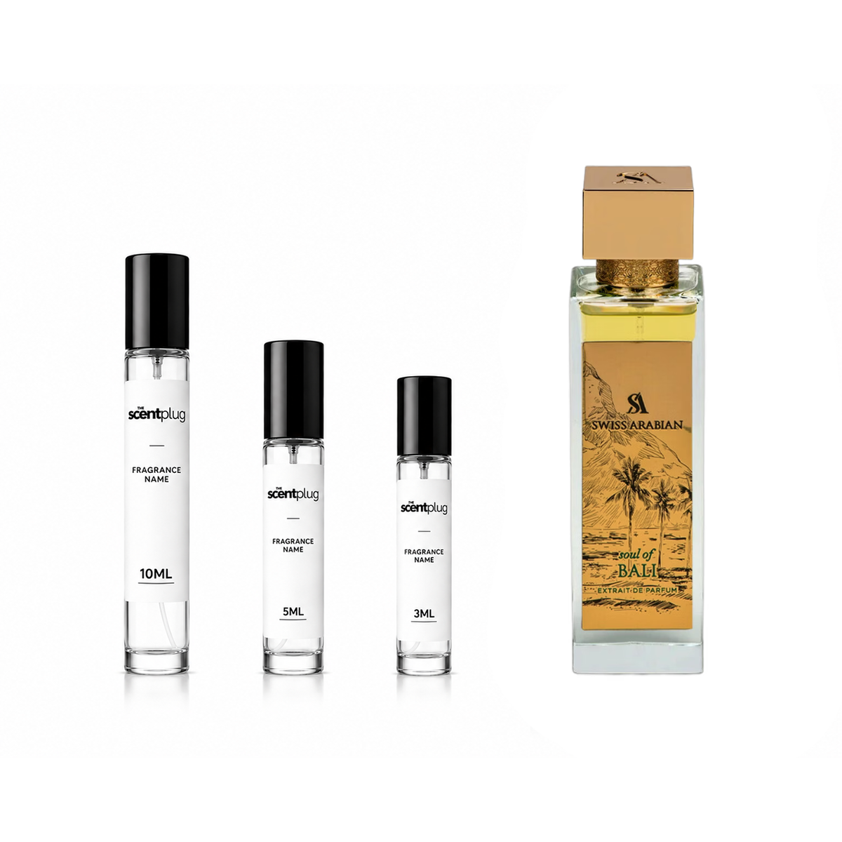Sample of Soul of Bali Swiss Arabian perfume decant by The Scent Plug, showing the small fragrance bottle on a neutral background.