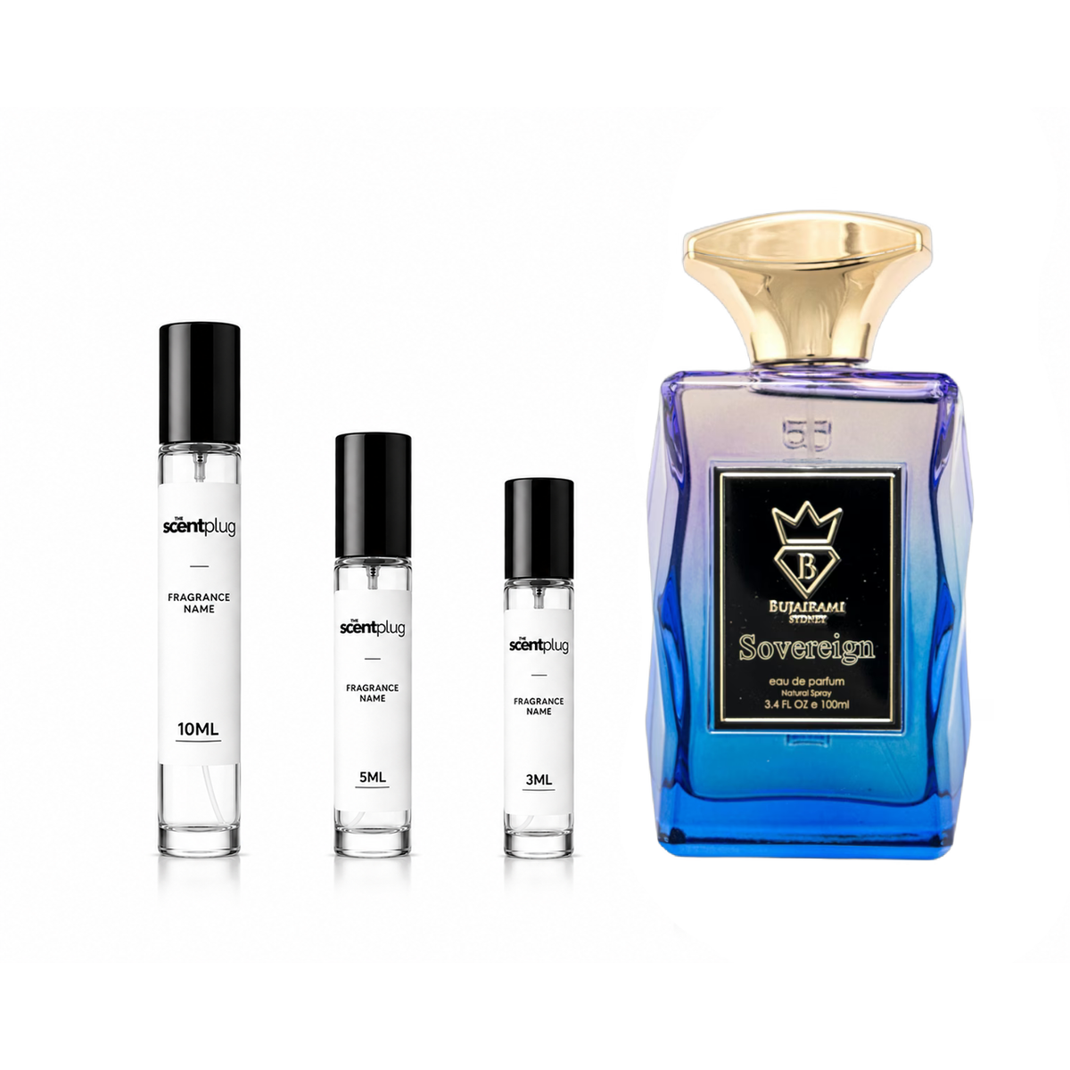 Sample of Sovereign Bujairami decant by The Scent Plug, showcasing the elegant glass bottle and label design.