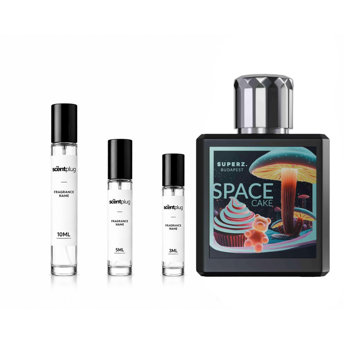 Sample of Space Cake Superz from The Scent Plug, featuring a colorful decant bottle design for the fragrance.
