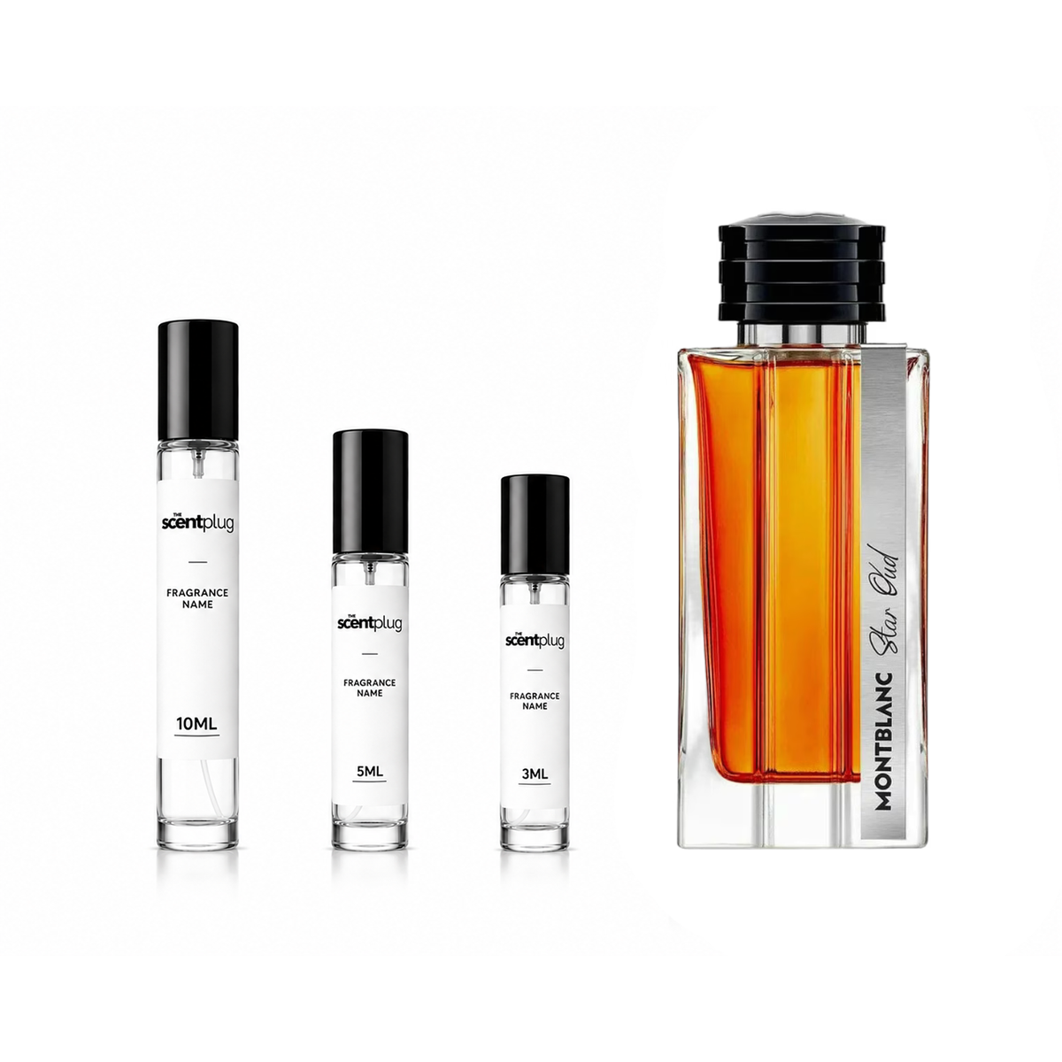 Sample of Star Oud Montblanc perfume by The Scent Plug, showing a sleek bottle with a dark amber fragrance liquid.
