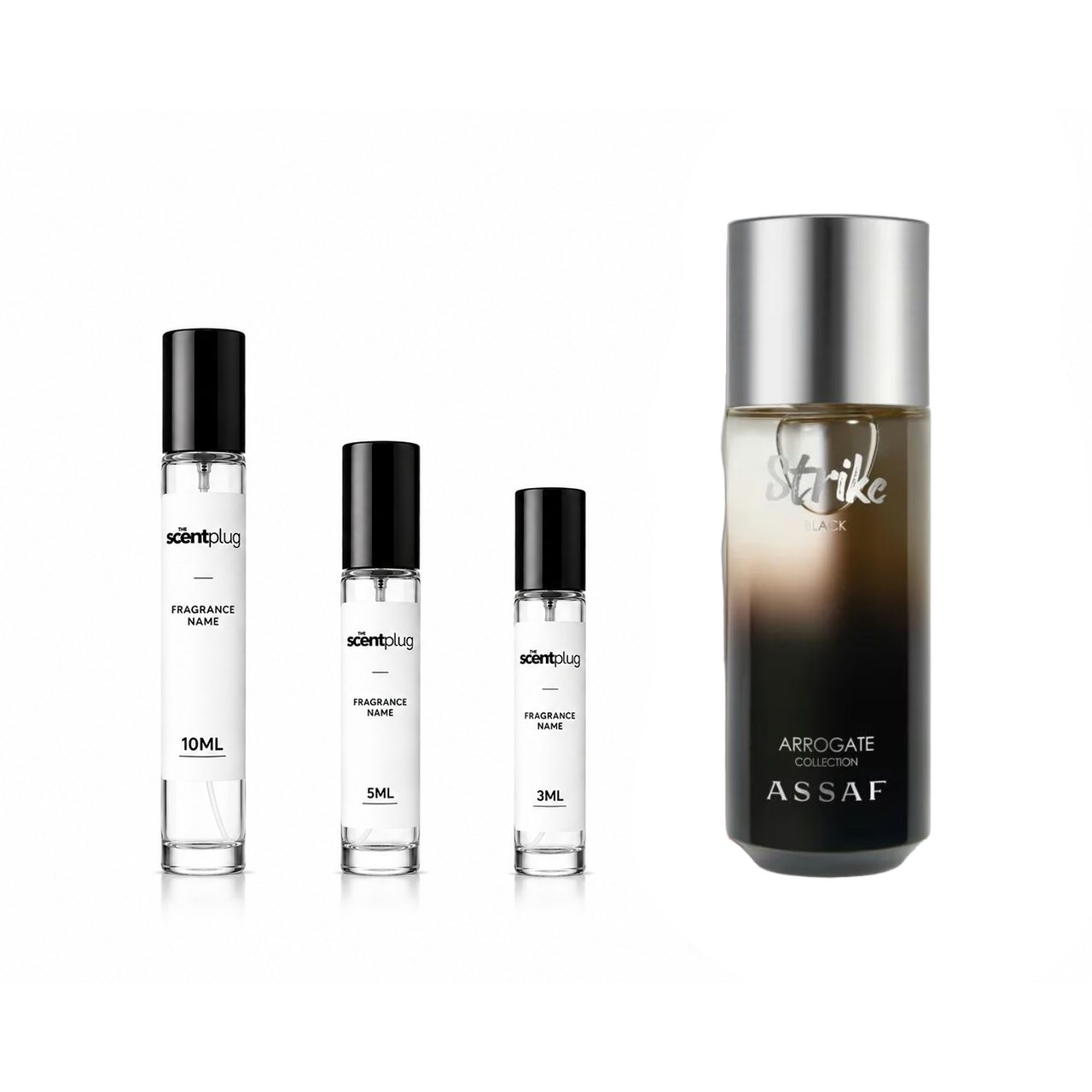 The Scent Plug Strike Black Assaf decant sample bottle with black cap and label on a white background.