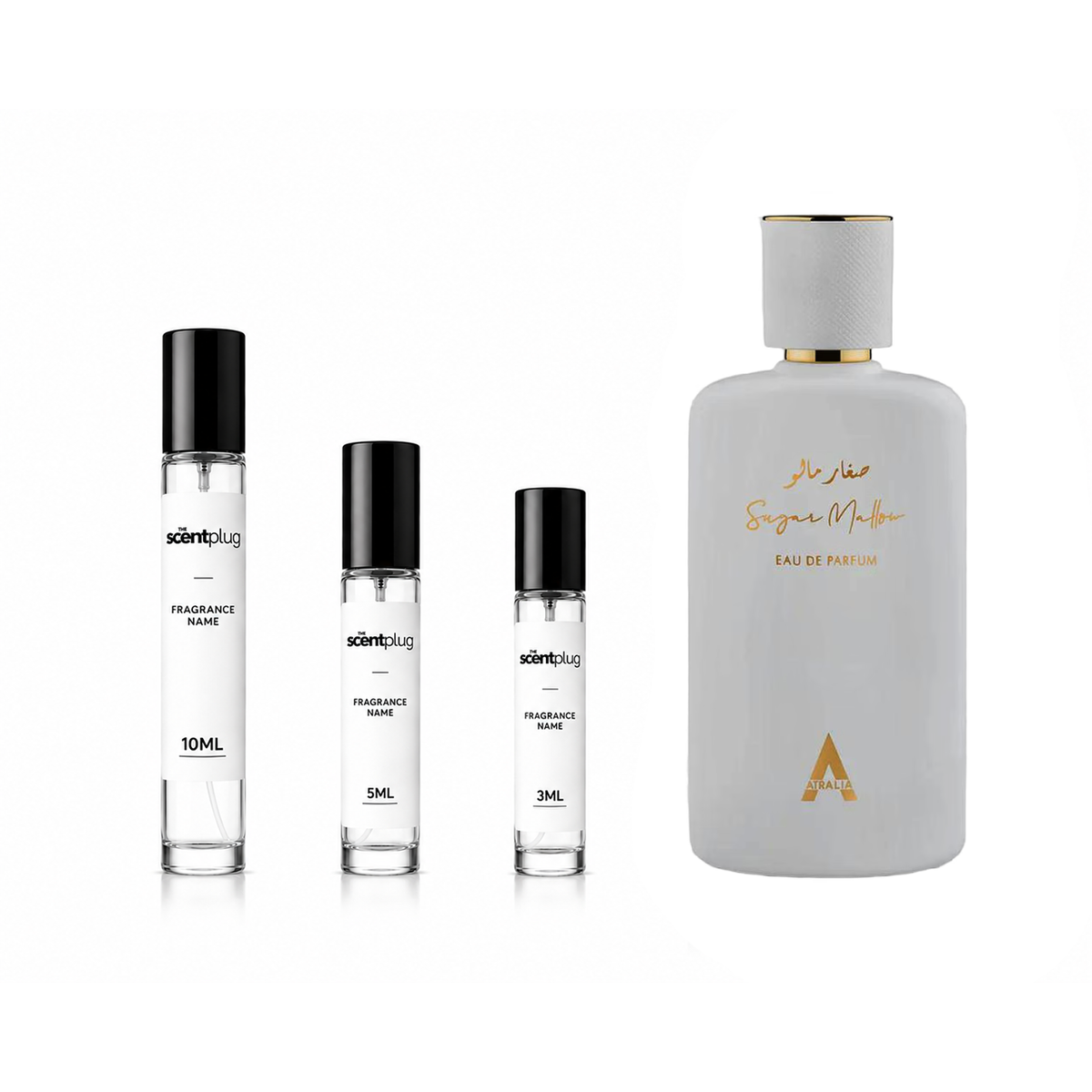 Sample of Sugar Mallow Atralia Decant by The Scent Plug, featuring a sleek container with a pastel-colored label.