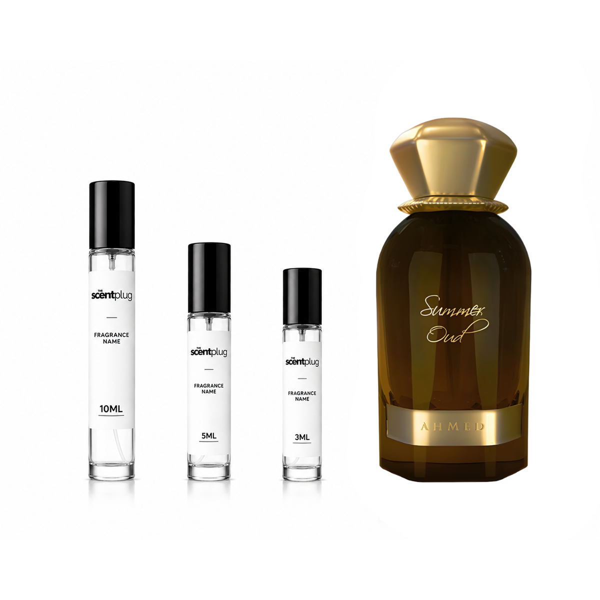 Sample of Summer Oud Ahmed Al Maghribi fragrance by The Scent Plug, featuring a small decant bottle with a decorative cap.