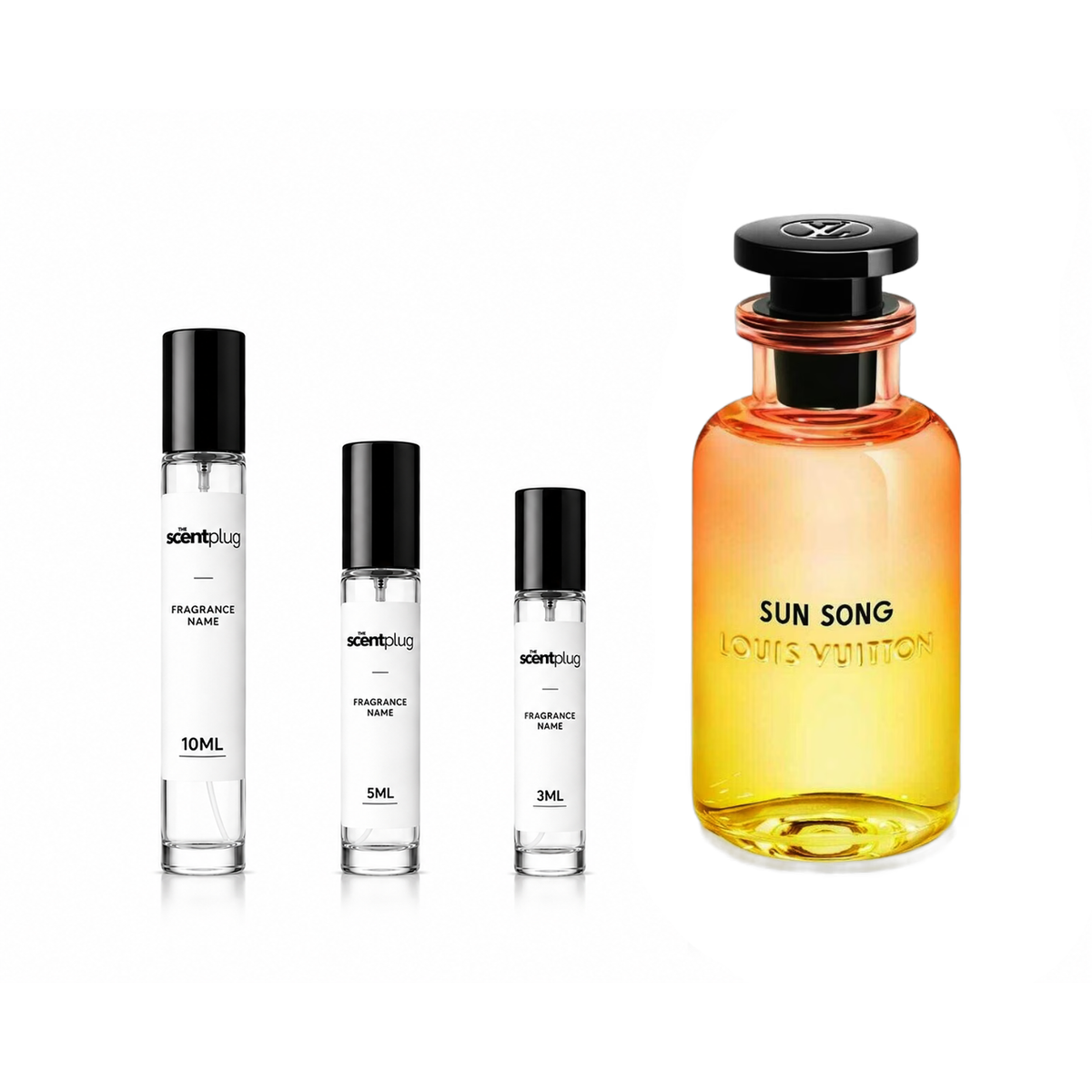 Sample of Sun Song 2025 Louis Vuitton decant by The Scent Plug, showcasing the elegant Louis Vuitton fragrance bottle.