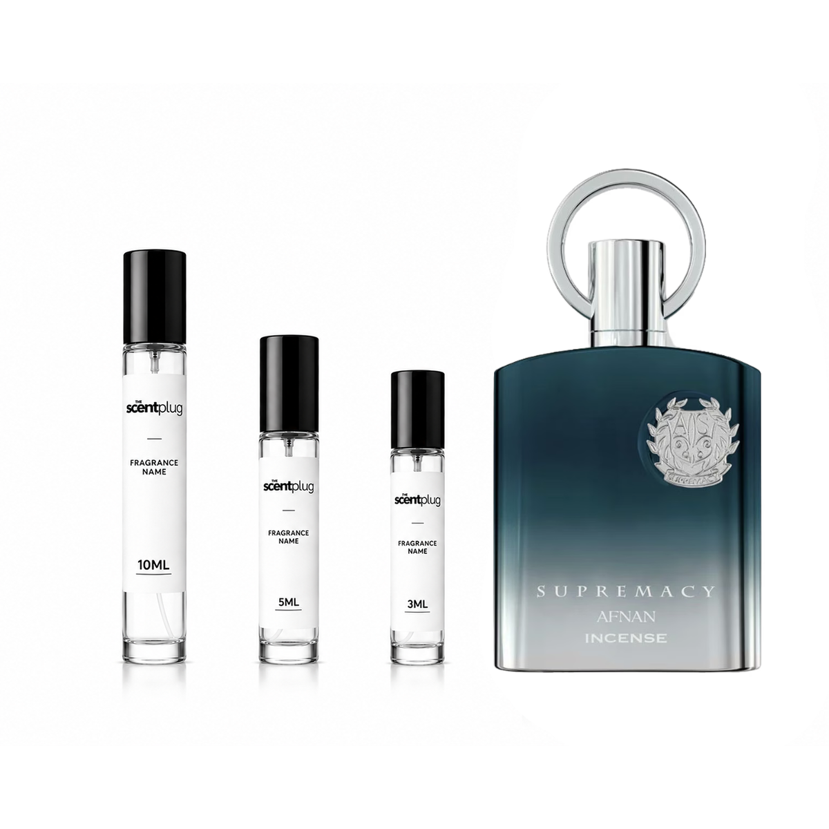 A sample bottle of Supremacy Incense Afnan perfume decant by The Scent Plug, featuring the product label and packaging details.