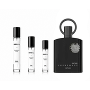 Supremacy Noir Afnan fragrance sample decant by The Scent Plug, showcasing the spray bottle with black and gold design.