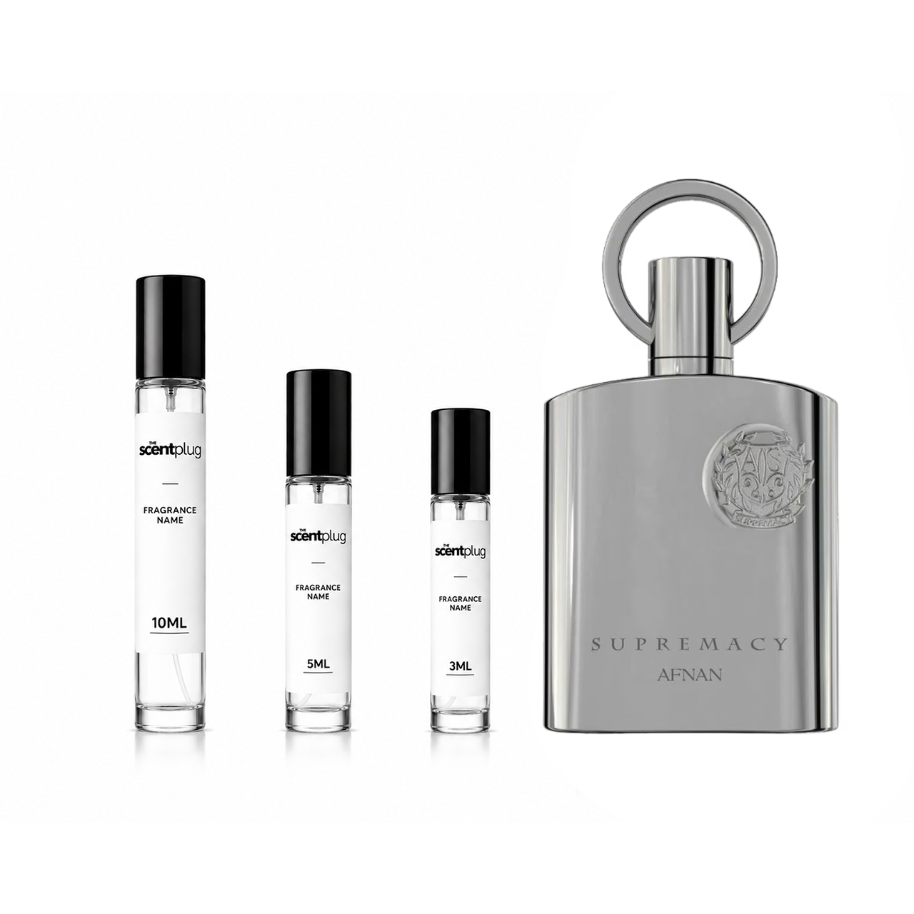 Supremacy Silver by Afnan fragrance sample in a sleek bottle, displayed on a neutral background, highlighting the elegant design.