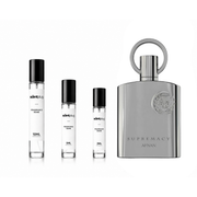Supremacy Silver by Afnan fragrance sample in a sleek bottle, displayed on a neutral background, highlighting the elegant design.
