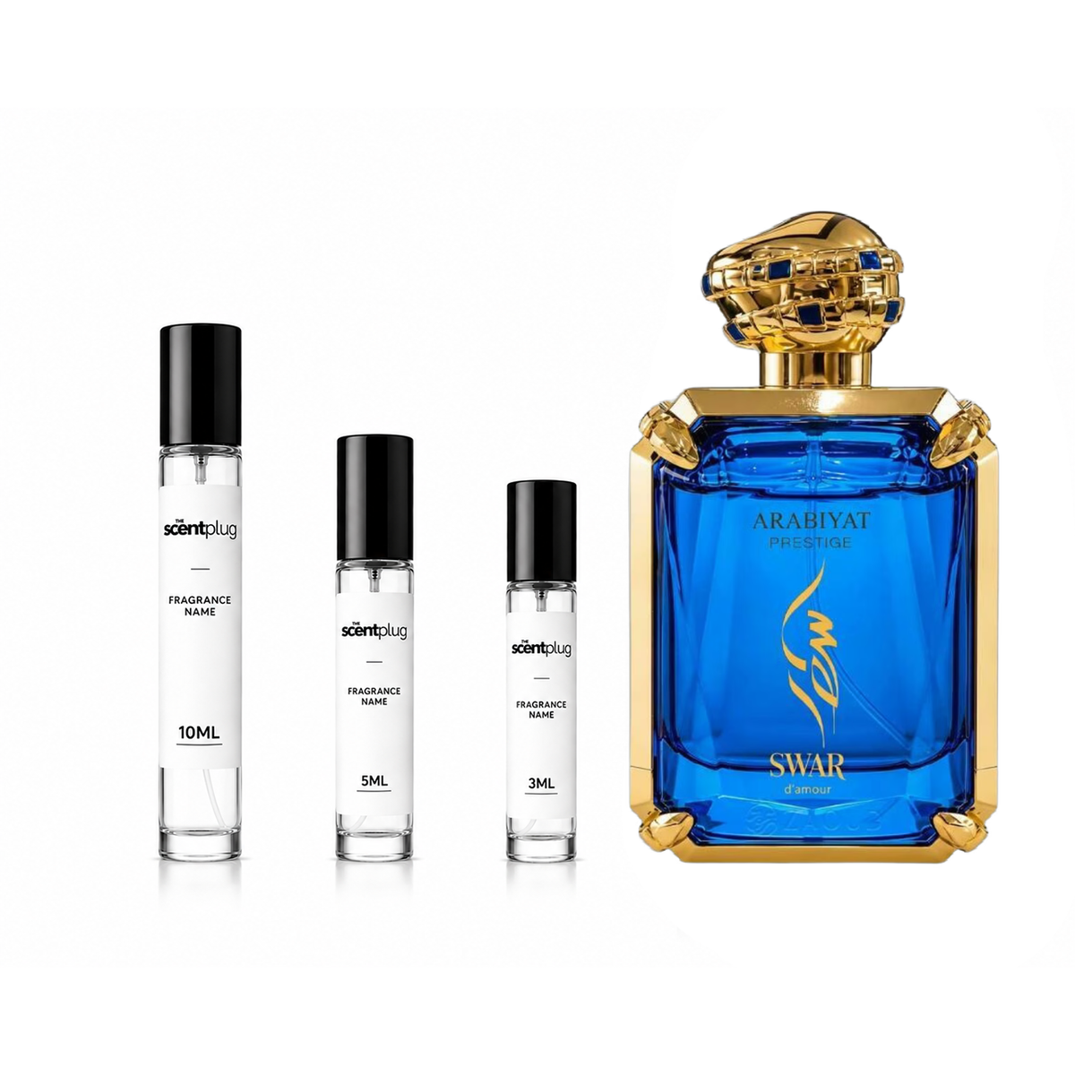 Swar D'Amour Arabiyat Prestige perfume decant by The Scent Plug, showing a sleek bottle with elegant Arabic-inspired design.