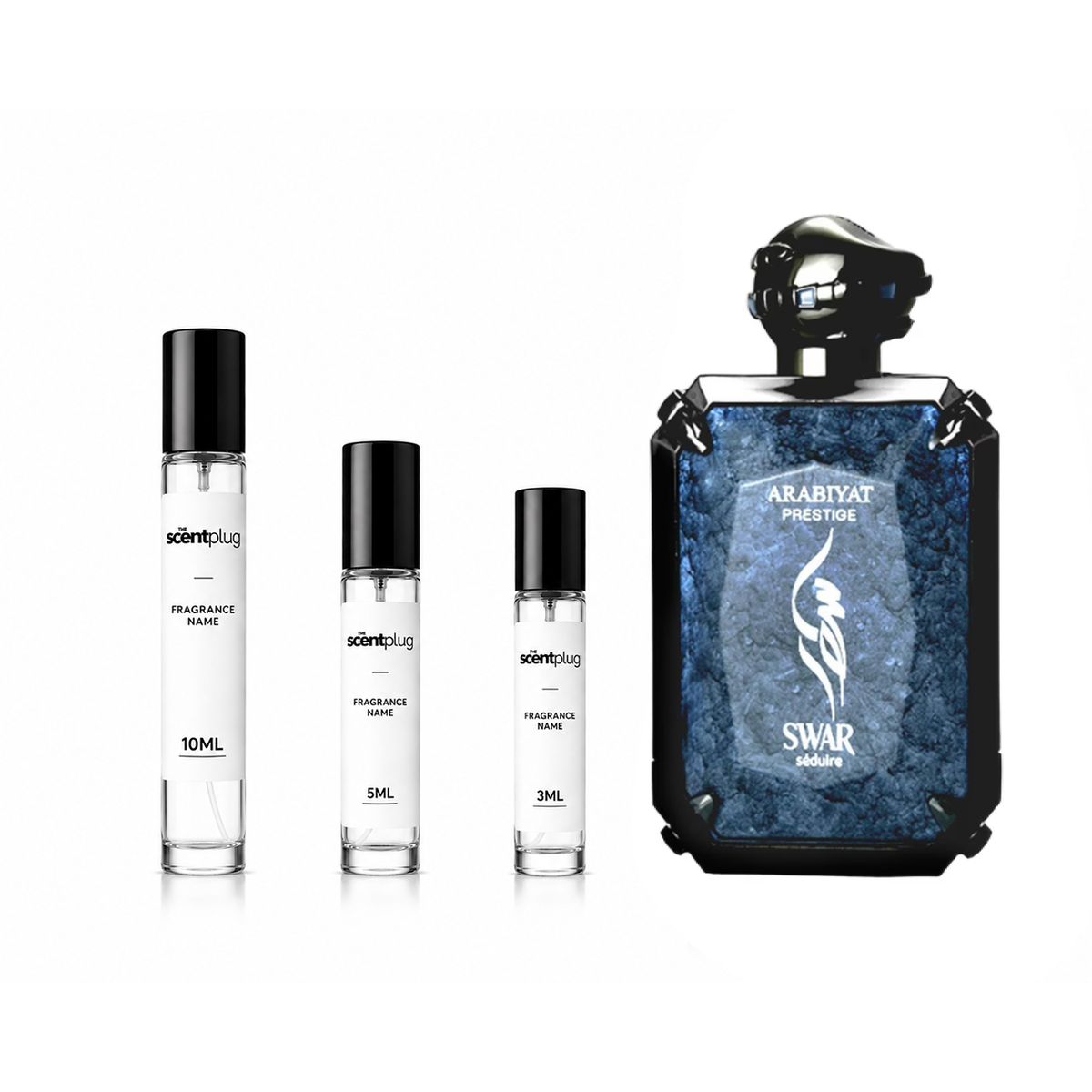 Swar Seduire Arabiyat Prestige Decant sample bottle from The Scent Plug, showcasing elegant packaging and scent profile.