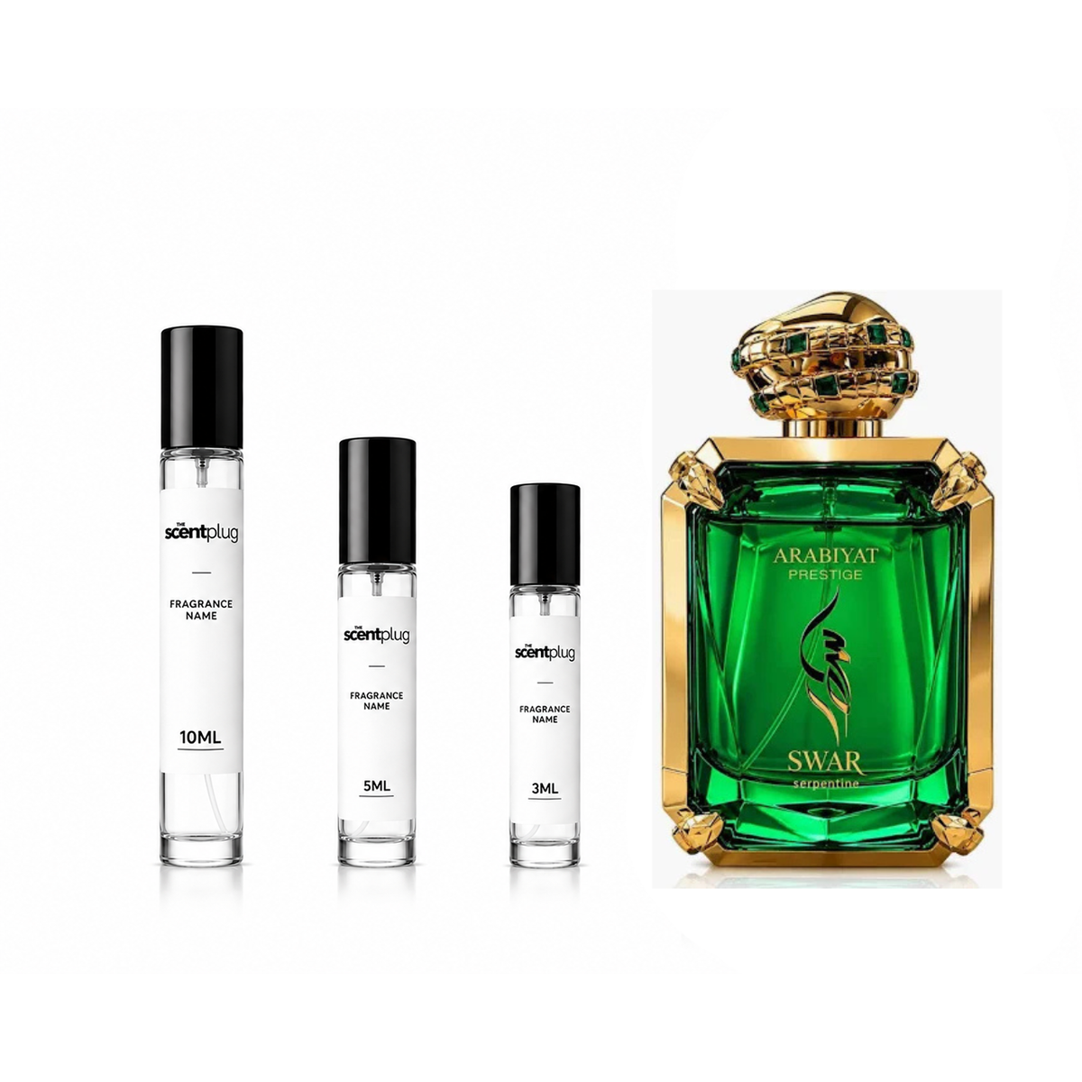 Swar Serpentine Arabiyat Prestige decant sample by The Scent Plug, featuring ornate design and elegant packaging.