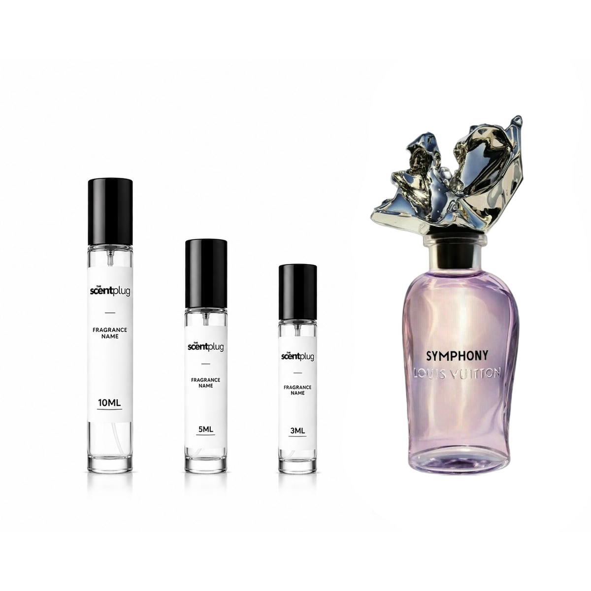 Symphony Louis Vuitton decant sample by The Scent Plug, featuring elegant packaging and a luxurious fragrance bottle.