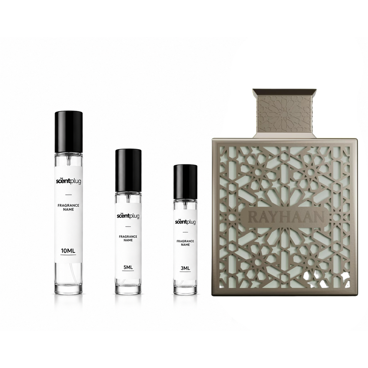 Sample of Terra Rayhaan decant perfume by The Scent Plug, showing the small bottle with branding and perfume liquid.
