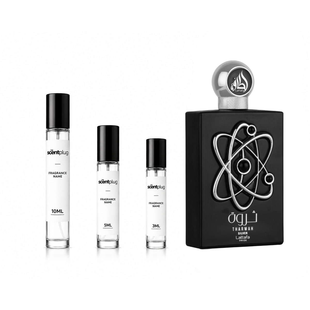 Tharwah Silver Lattafa perfume decant from The Scent Plug, showcasing a sleek silver bottle and elegant packaging.