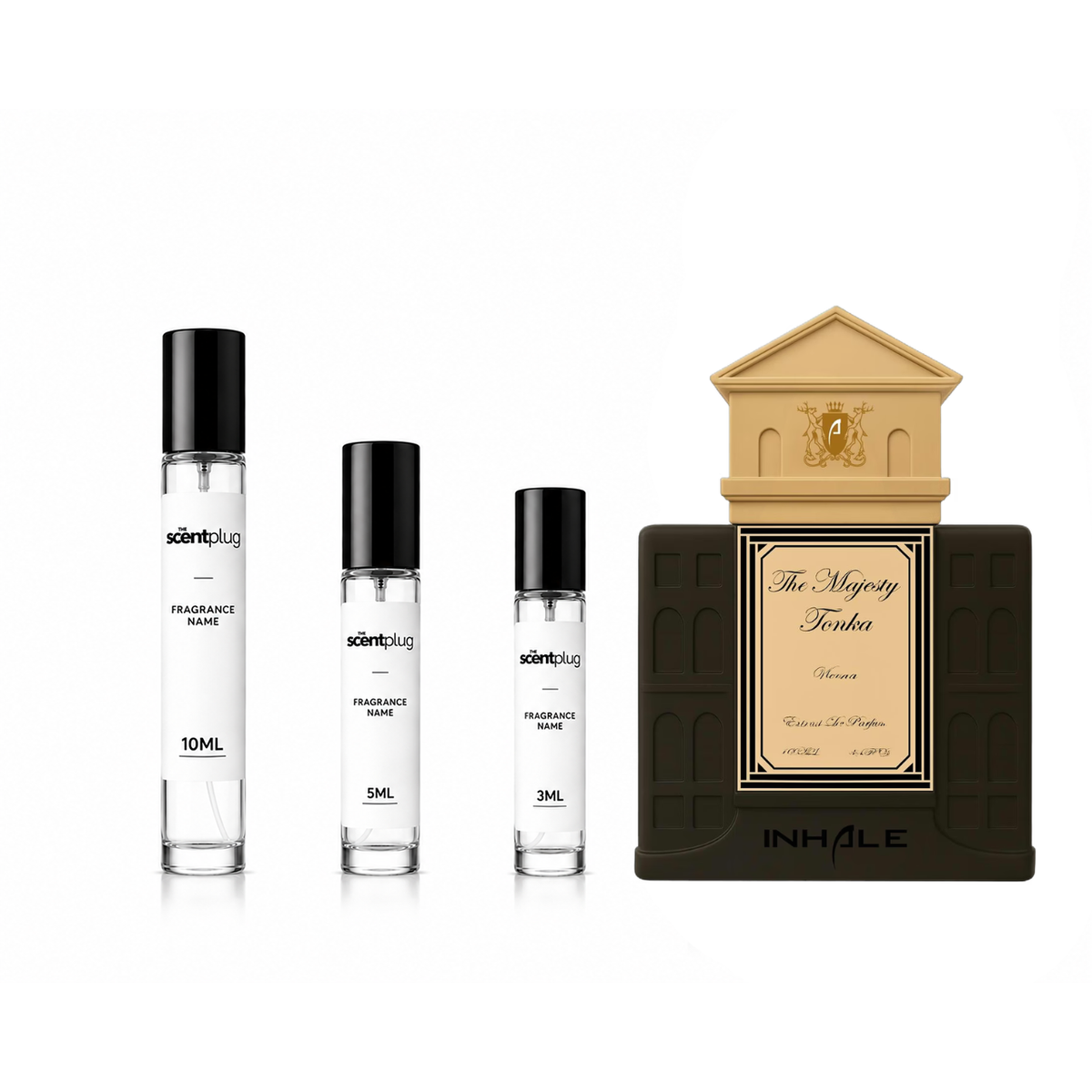 The Scent Plug Majesty Tonka Inhale decant sample bottle with label and clear cap, showcasing its elegant packaging.