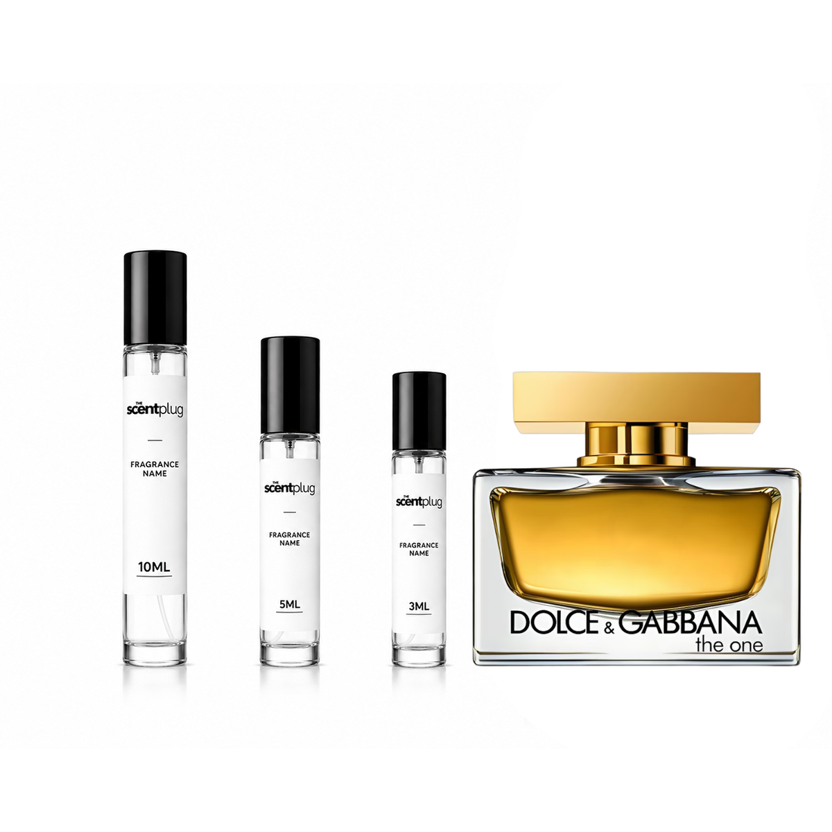 Sample of The One by Dolce&Gabbana fragrance in a small decant bottle, featuring elegant packaging and branding.