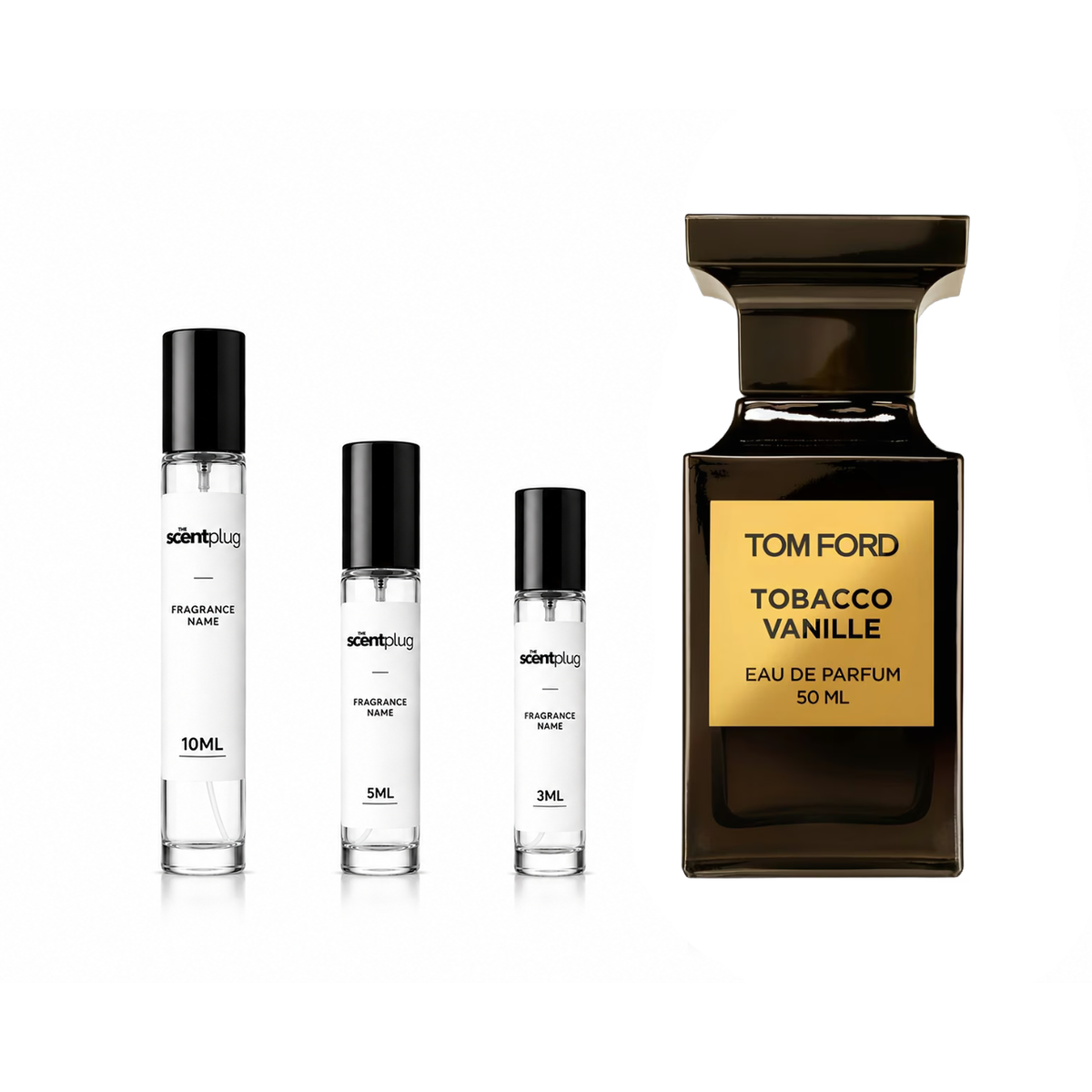 Sample of Tobacco Vanille by Tom Ford, decanted in a small bottle, showcasing warm vanilla and tobacco fragrance details.
