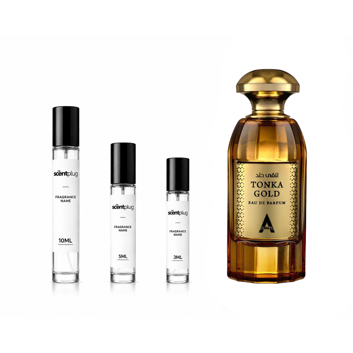Decant of The Scent Plug Tonka Gold Atralia fragrance in a sample bottle, featuring warm, sweet aroma with golden accents.