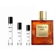 Sample of The Scent Plug Tonquin Giza Rayhaan decant bottle with elegant packaging and fragrance label visible.