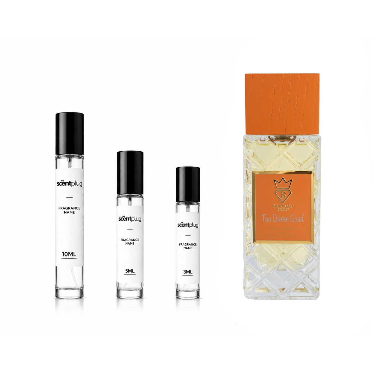 Too Damn Good Bujairami decant sample from The Scent Plug, showcasing a clear container with the fragrance label.