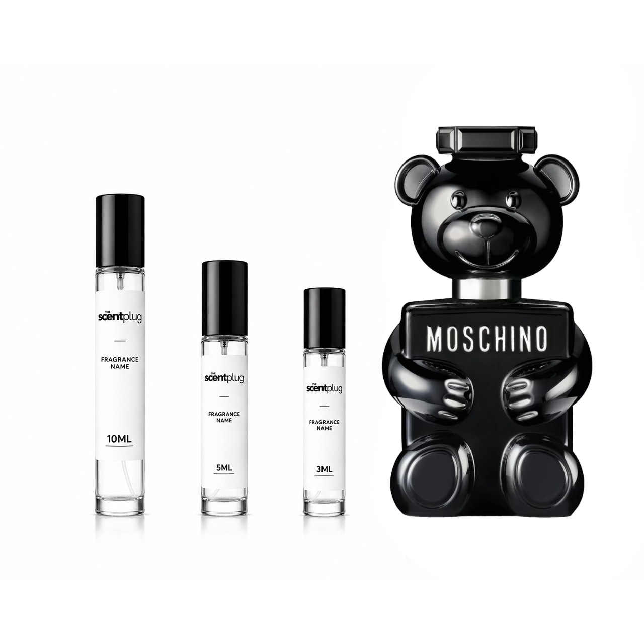 Toy Boy Moschino fragrance sample bottle by The Scent Plug, featuring the distinctive toy boy design and colorful packaging.