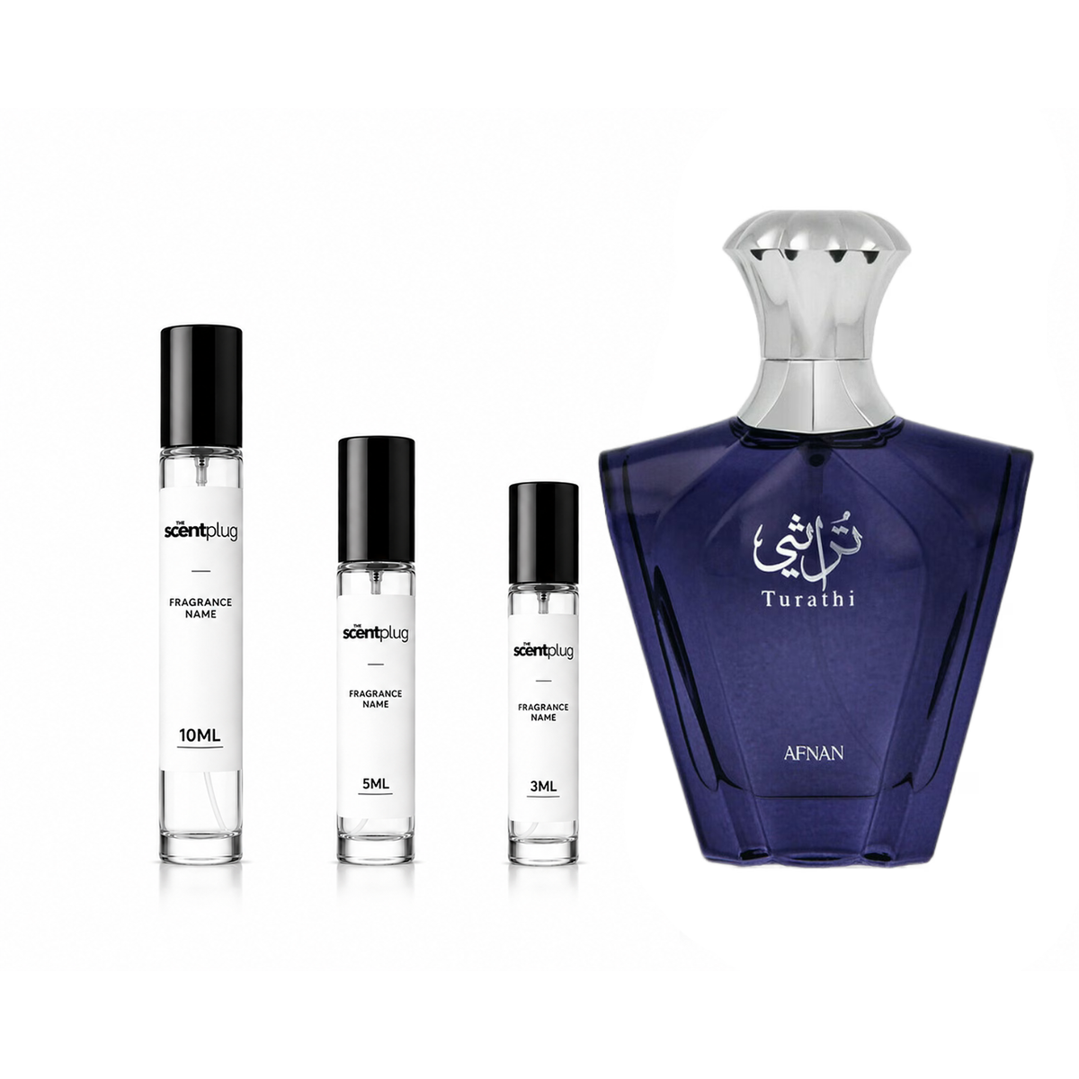 Turathi Blue Afnan decant sample by The Scent Plug, showcasing the aromatic glass bottle with blue branding and fragrance cap