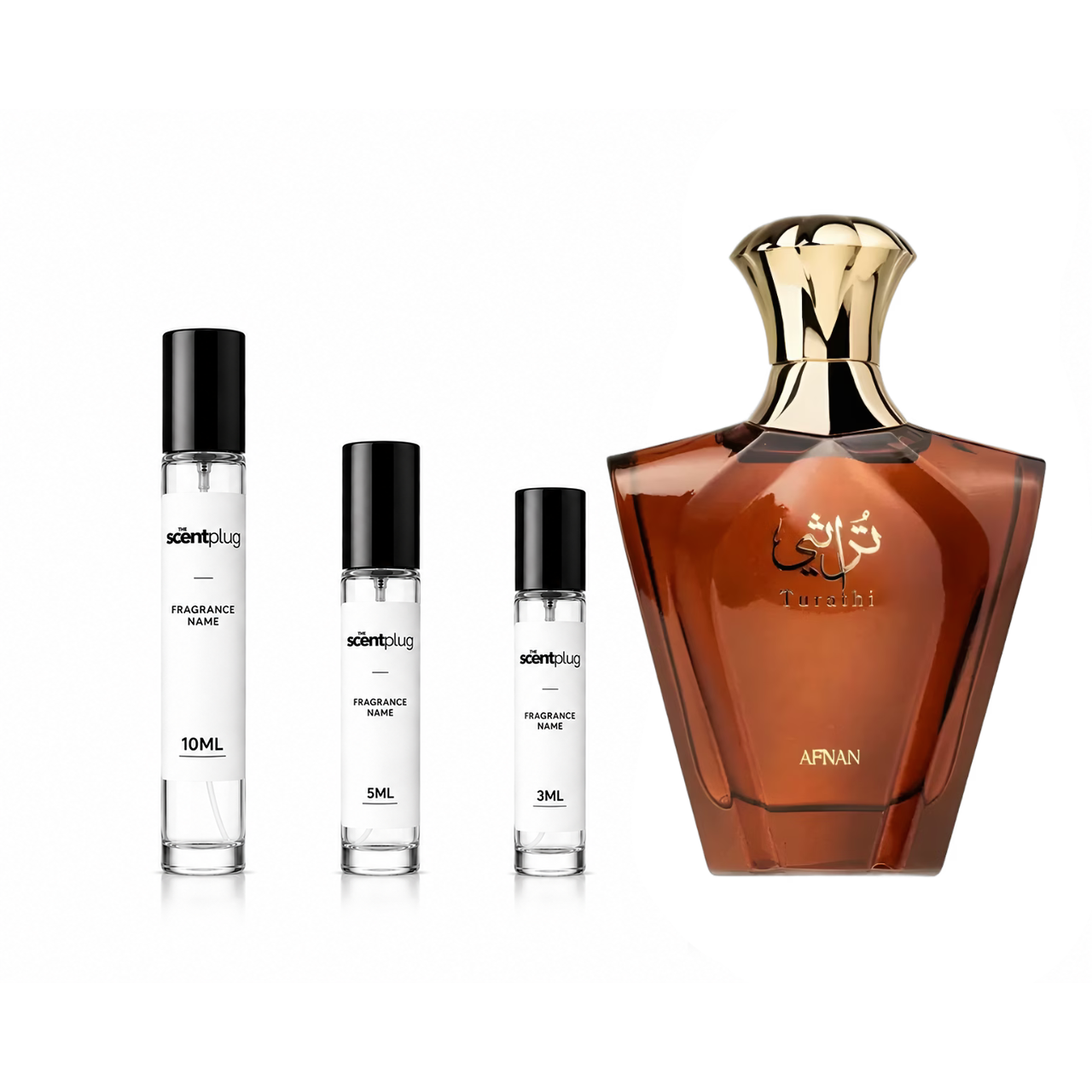 Turathi Brown Afnan Decant sample bottle by The Scent Plug, showcasing the compact container for fragrance sampling.