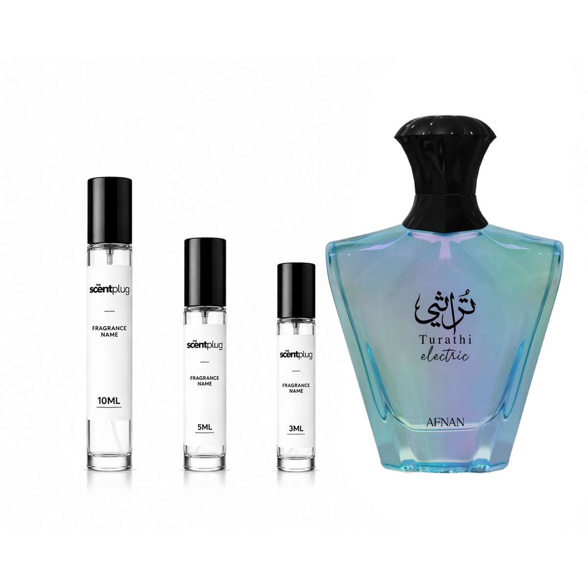 Turathi Electric Afnan decant by The Scent Plug, showing a sample-sized perfume bottle with a sleek design.