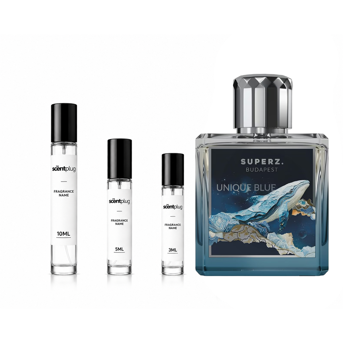 Image of a Unique Blue Superz decant sample by The Scent Plug, featuring a small, clear bottle with blue liquid and a white cap.