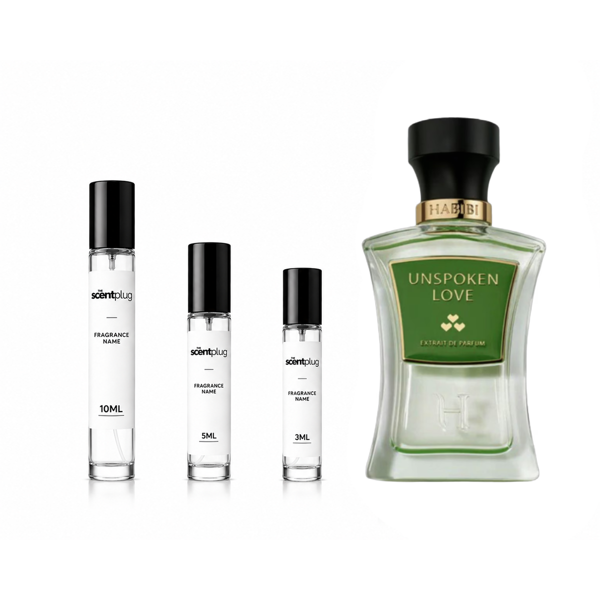 Sample of Unspoken Love Habibi NY perfume decant by The Scent Plug, showing the small perfume bottle with elegant design.