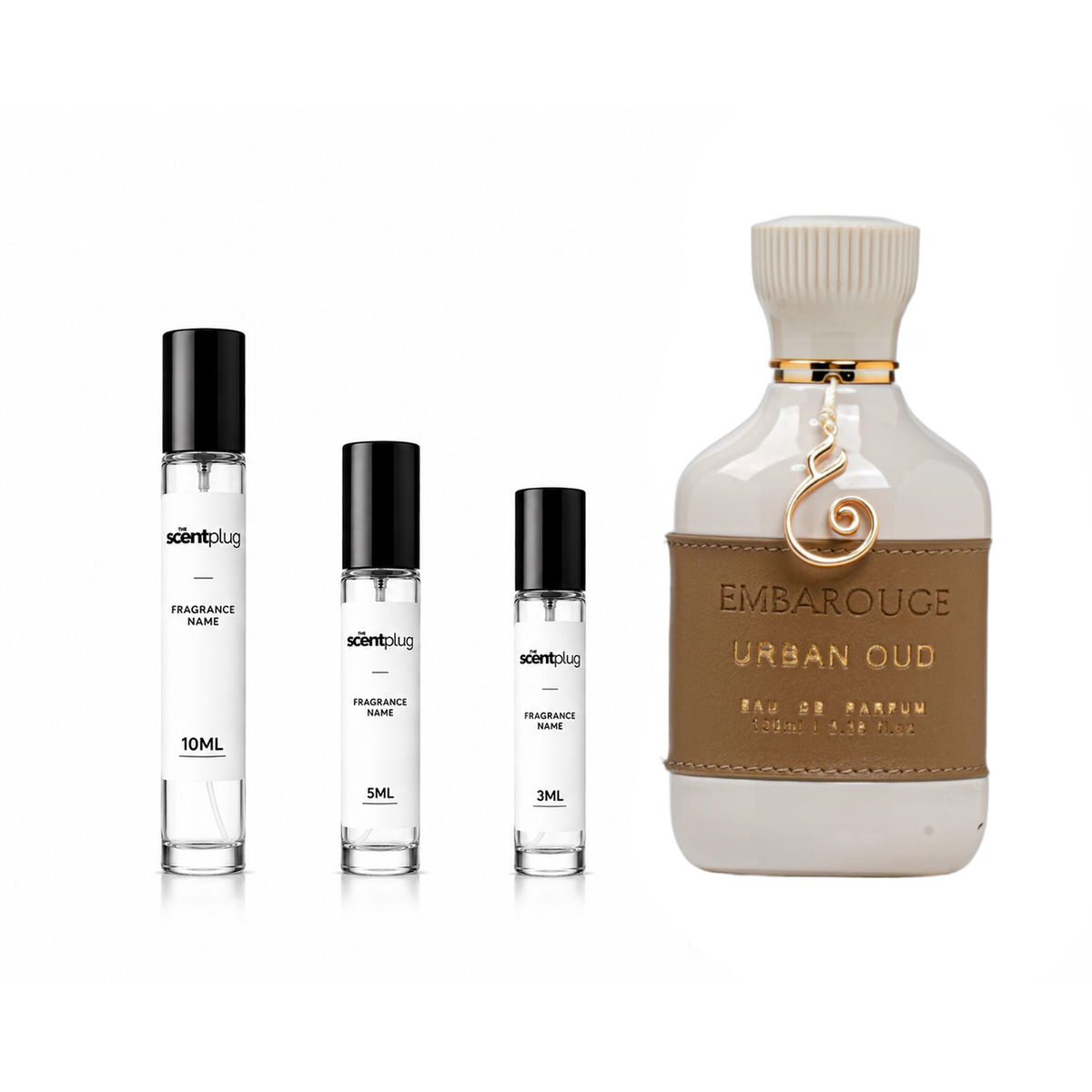 Sample of Urban Oud Embarouge fragrance decant by The Scent Plug, showcasing the perfume's luxurious bottle and packaging.