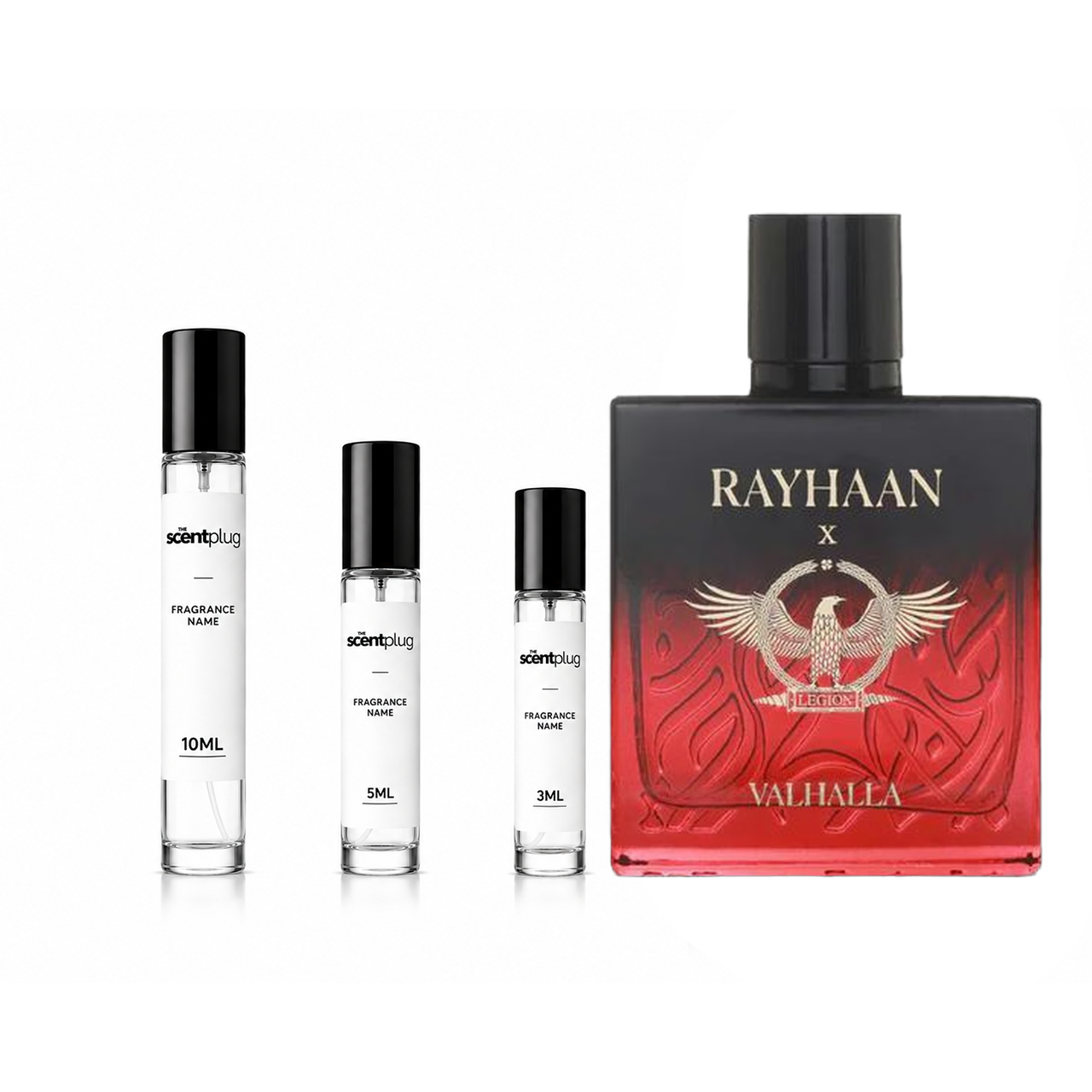 Sample of Valhalla Rayhaan by The Scent Plug, showcasing the fragrance bottle with elegant design and branding.