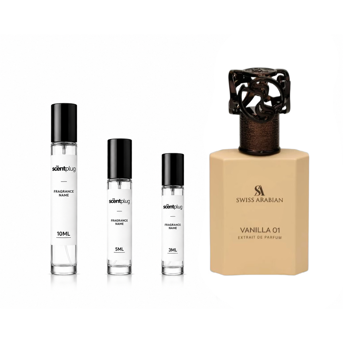 Decant of Vanilla 01 by Swiss Arabian from The Scent Plug, showing the small sample bottle with the fragrance label.