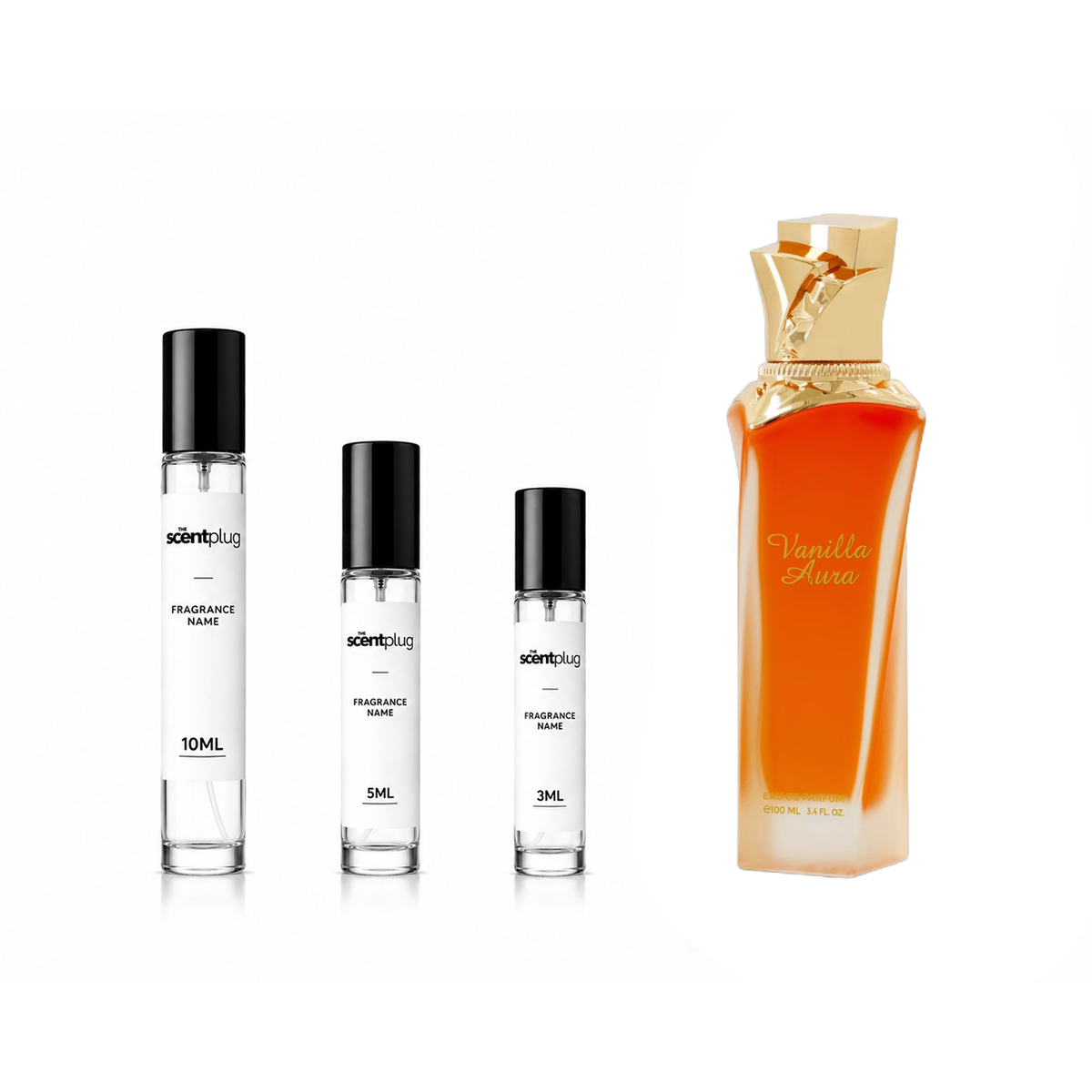 Sample of Vanilla Aura Maison Asrar decant by The Scent Plug, showcasing the fragrance bottle and packaging details.