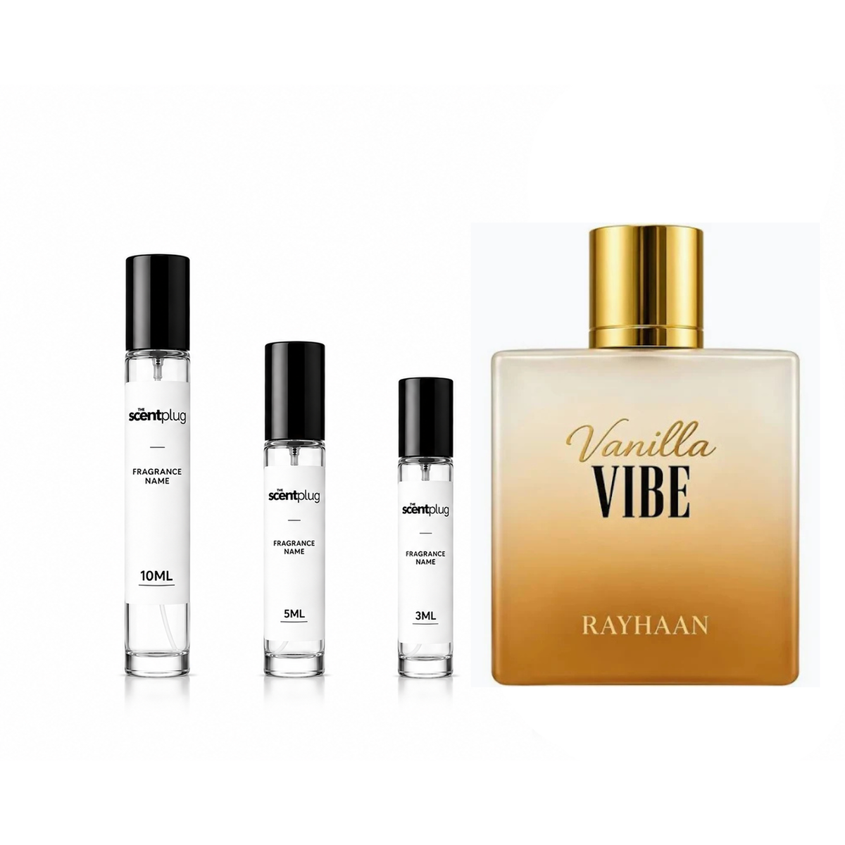Vanilla Vibe Rayhaan decant sample by The Scent Plug, featuring warm vanilla and aromatic notes in a small fragrance container.