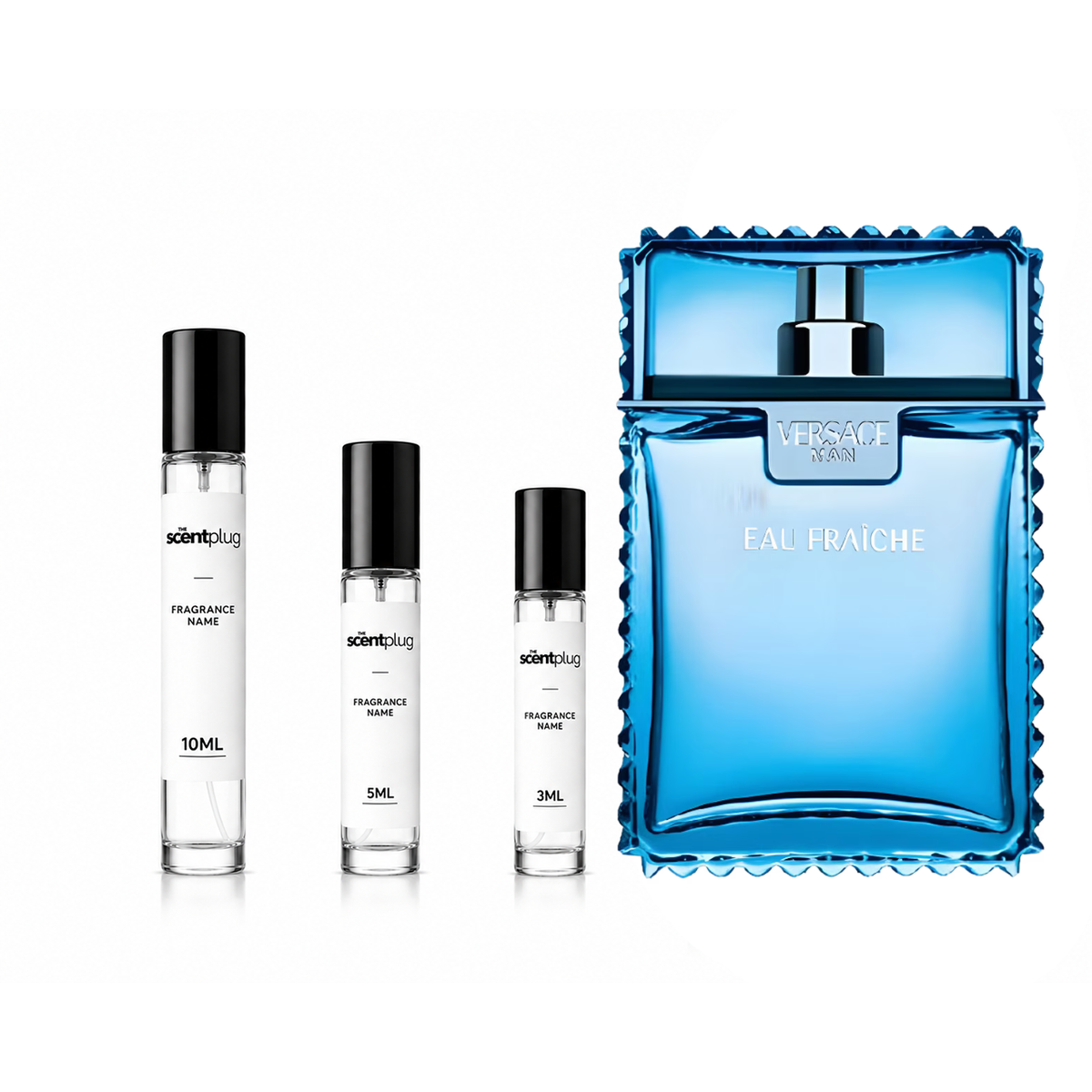 Versace Man Eau Fraiche fragrance sample in a decant bottle, showcasing the sleek design and branding of Versace.